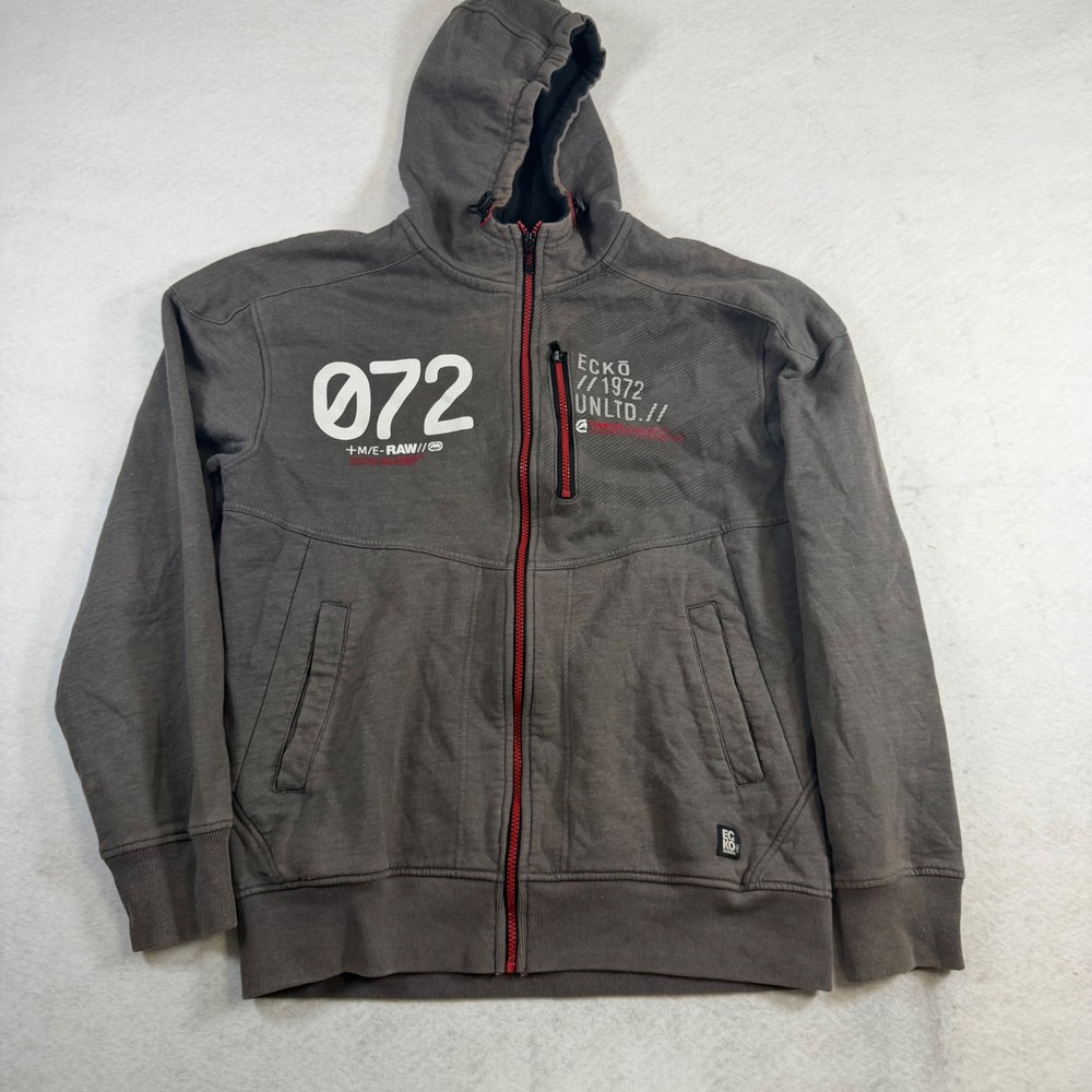Ecko Unltd Mens Full Zip Hoodie Charcoal Gray Red Graphic Streetwear Large 072